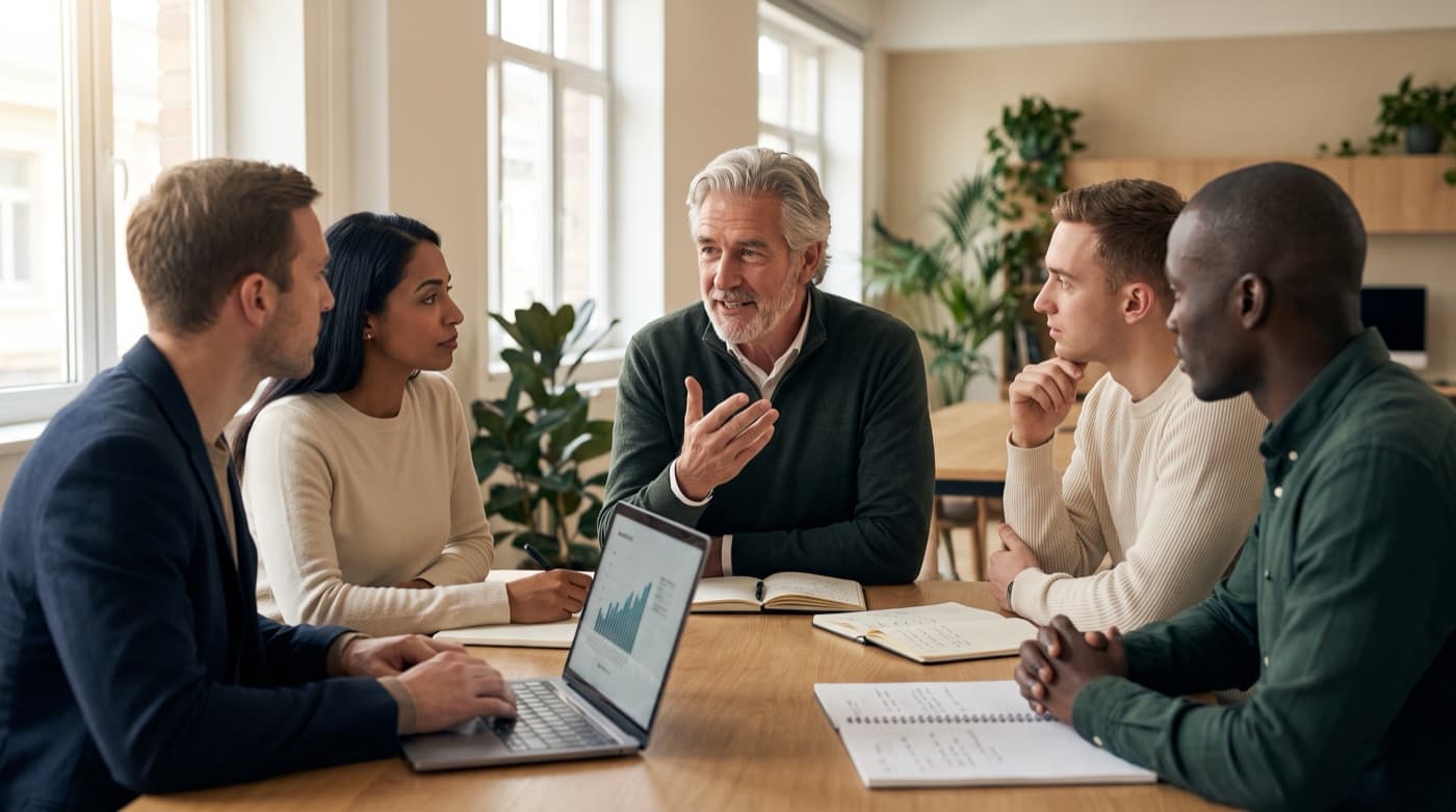 An experienced advisor mentoring a young team